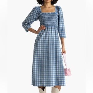 GANNI Shirred checked cotton-blend seersucker midi dress in size US16